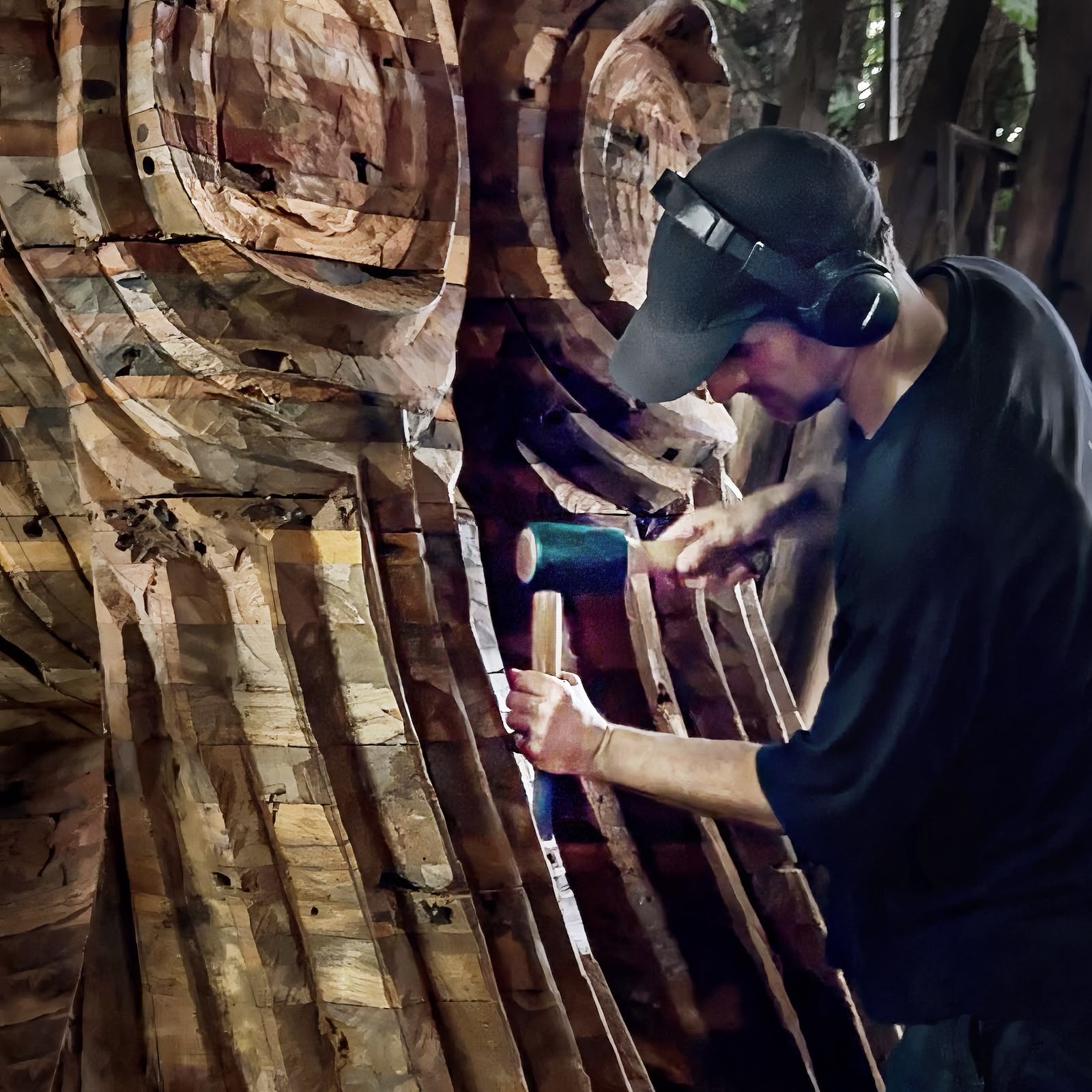 Spencer hammering and carving the sculpture